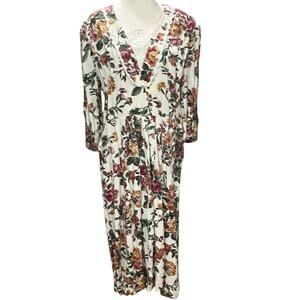 Vintage Midi Dress Womens L 14 White Multi Floral Crochet Trim Cottage Prairie